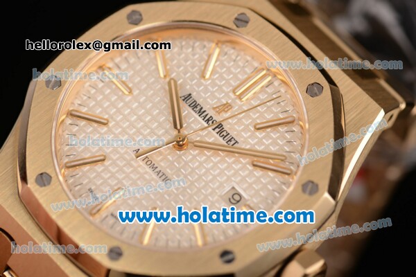 Audemars Piguet Royal Oak Swiss ETA 2824 Automatic Full Yellow Gold with Gold Sitck Markers and White Dial - 1:1 Original - Click Image to Close